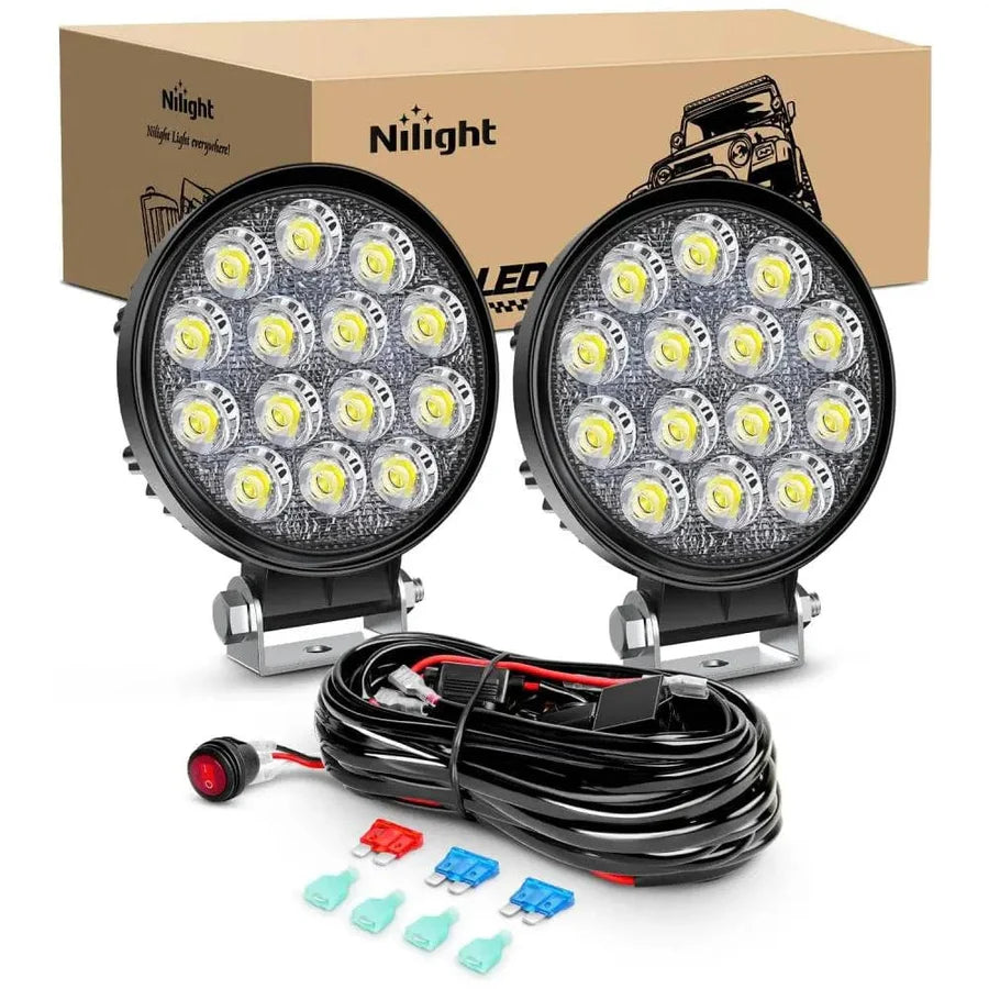NiLight 4.5 Inch Round 42W LED Flood light pair with Harness