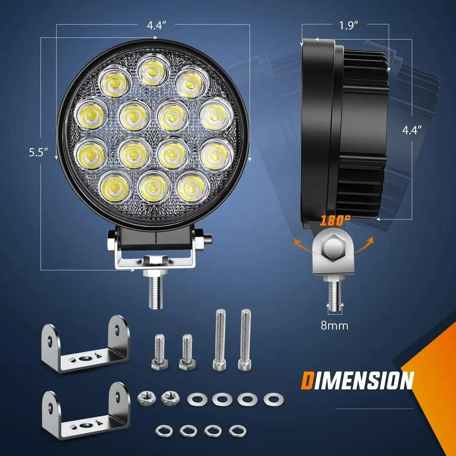 NiLight 4.5 Inch Round 42W LED Flood light pair with Harness