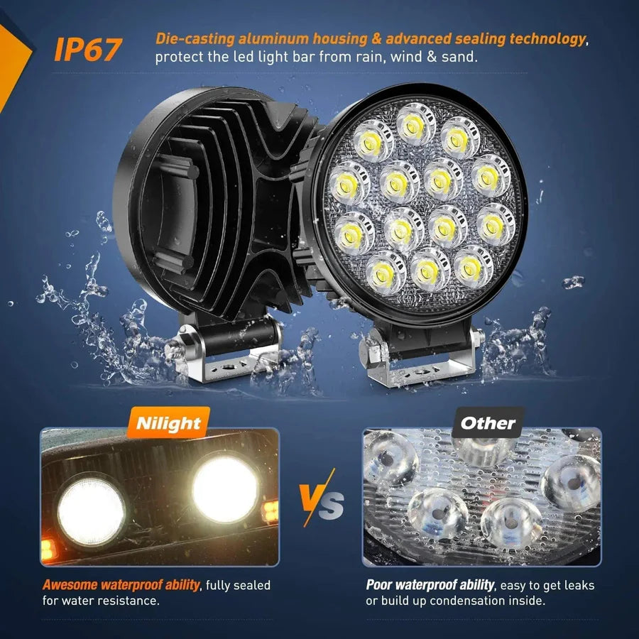 NiLight 4.5 Inch Round 42W LED Flood light pair with Harness