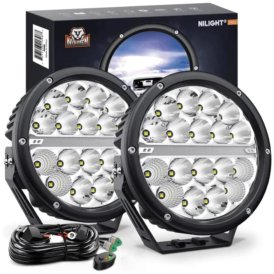NiLight 7 Inch Round 90W LED Spot/Flood Built in DRL pair with harness