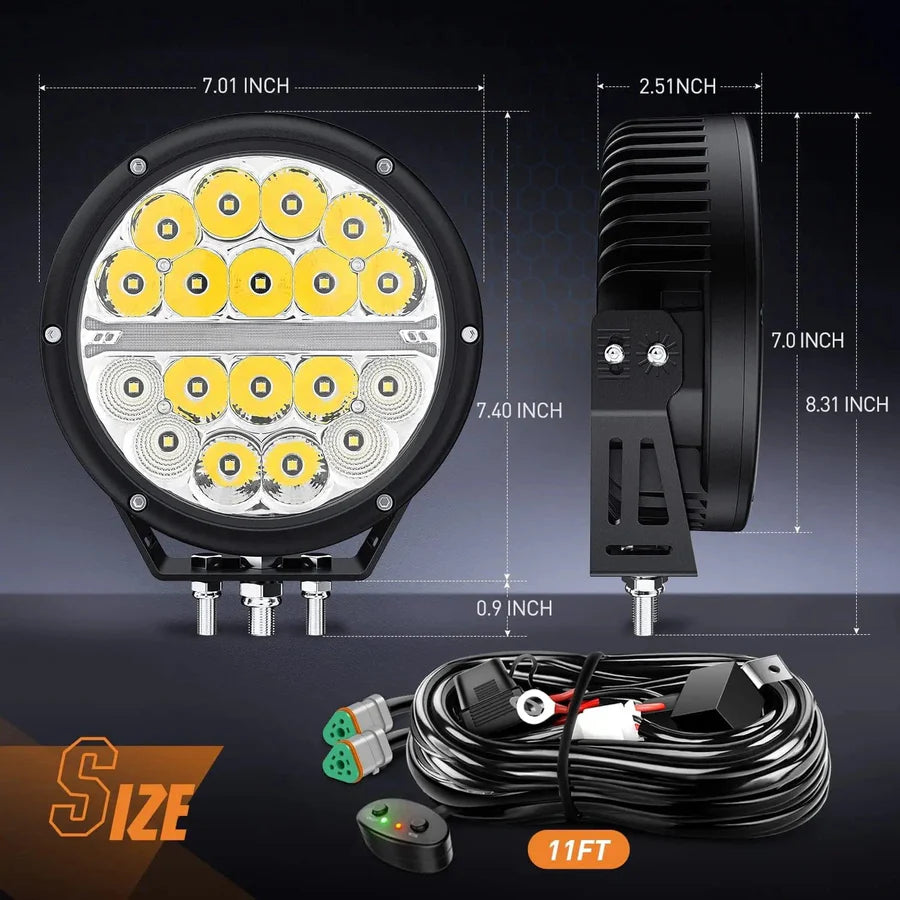 NiLight 7 Inch Round 90W LED Spot/Flood Built in DRL pair with harness