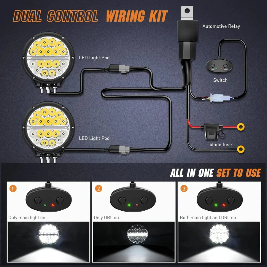 NiLight 7 Inch Round 90W LED Spot/Flood Built in DRL pair with harness