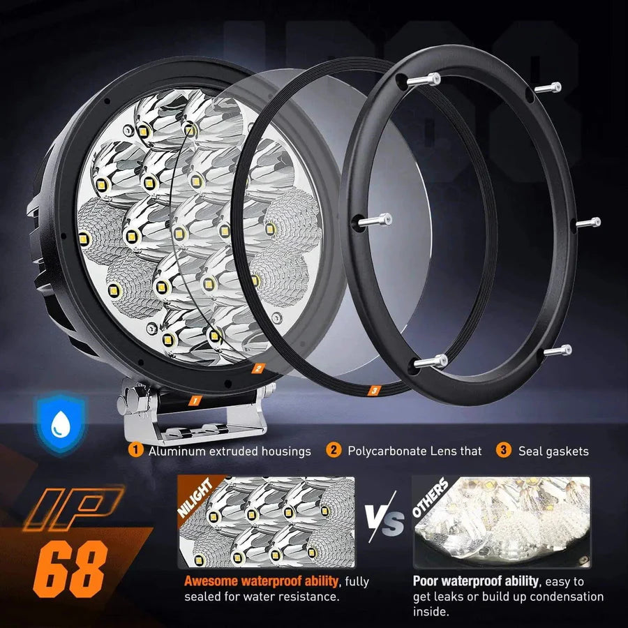 NiLight 7 Inch Round 85W LED Spot/Flood light pair with Harness