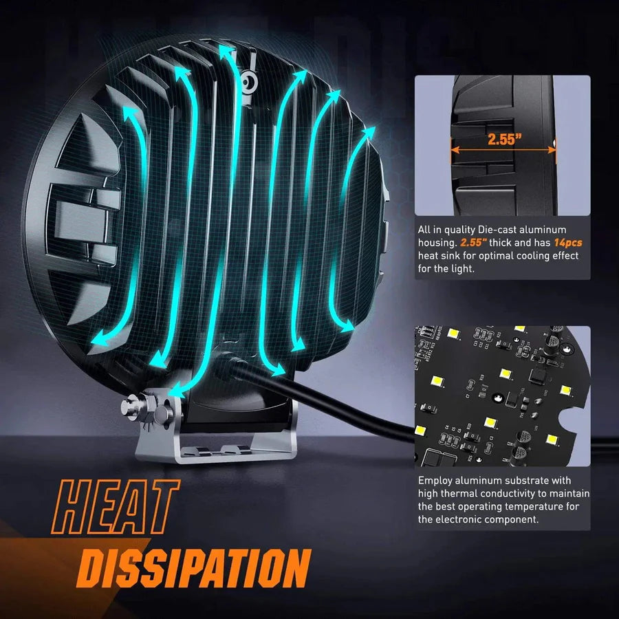 NiLight 7 Inch Round 85W LED Spot/Flood light pair with Harness
