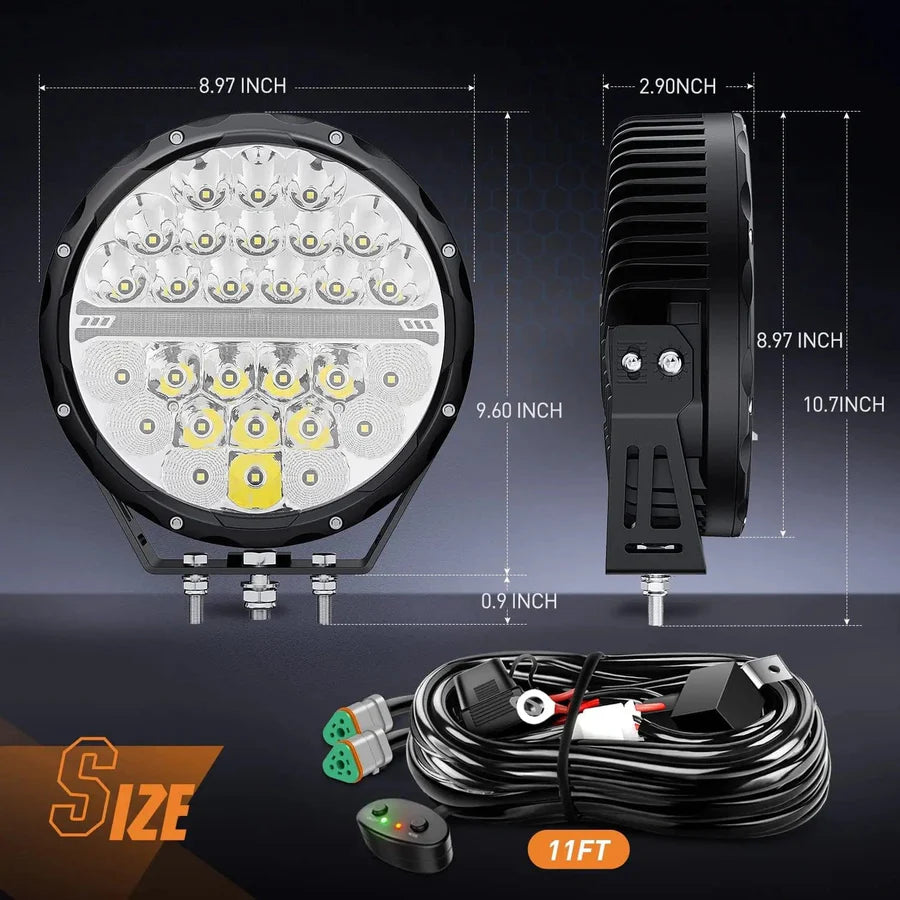 NiLight 9 Inch Round 140W LED Spot/Flood Built in DRL pair with harness