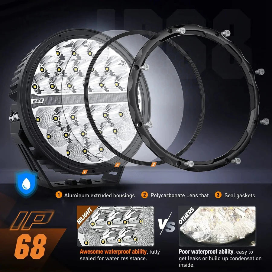 NiLight 9 Inch Round 140W LED Spot/Flood Built in DRL pair with harness