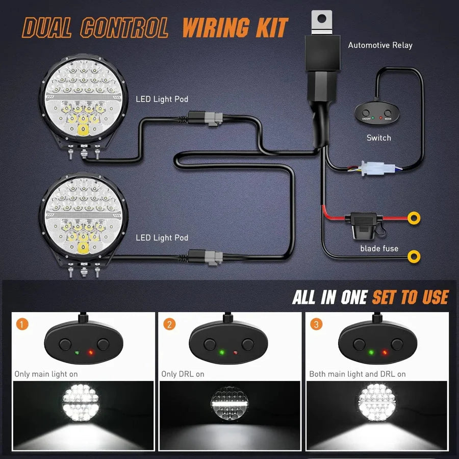 NiLight 9 Inch Round 140W LED Spot/Flood Built in DRL pair with harness