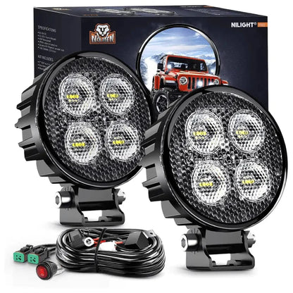 NiLight 3 Inch 12W Round Flood LED Pair with harness