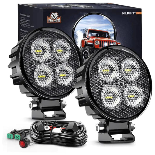 NiLight 3 Inch 12W Round Flood LED Pair with harness