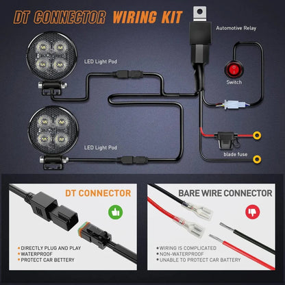 NiLight 3 Inch 12W Round Flood LED Pair with harness