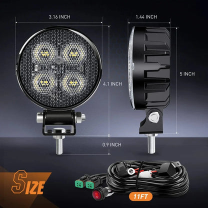 NiLight 3 Inch 12W Round Flood LED Pair with harness