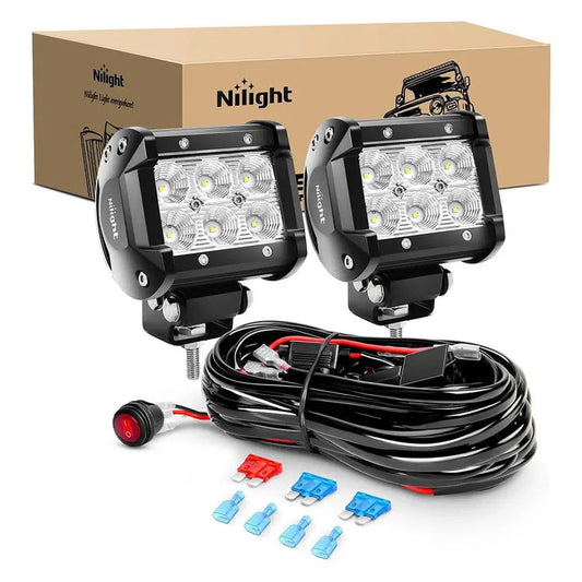 NiLight 3 X 3 Inch 18W Square LED Pods Pair with harness