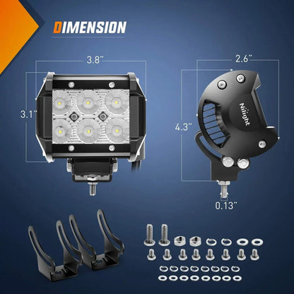 NiLight 3 X 3 Inch 18W Square LED Pods Pair with harness