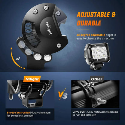NiLight 3 X 3 Inch 18W Square LED Pods Pair with harness
