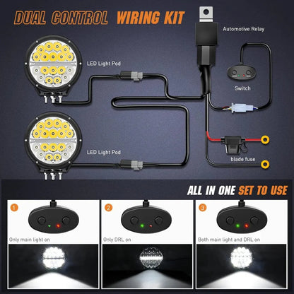 NiLight 7 Inch Round 90W LED Spot/Flood Built in DRL pair with harness