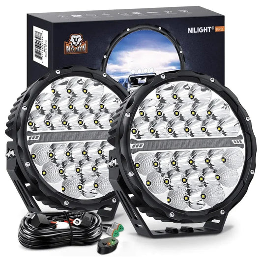 NiLight 9 Inch Round 140W LED Spot/Flood Built in DRL pair with harness