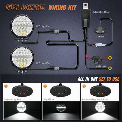 NiLight 9 Inch Round 140W LED Spot/Flood Built in DRL pair with harness