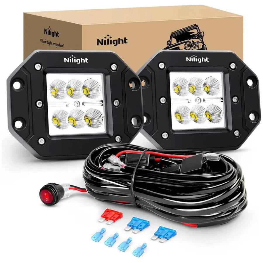NiLight 4 Inch 18W Square Flush Mount Flood LED Pair with harness