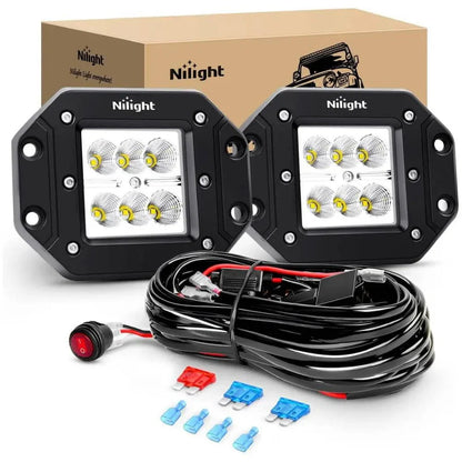 NiLight 4 Inch 18W Square Flush Mount Flood LED Pair with harness