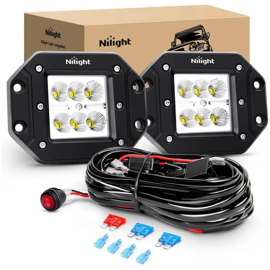 NiLight 4 Inch 18W Square Flush Mount Flood LED Pair with harness