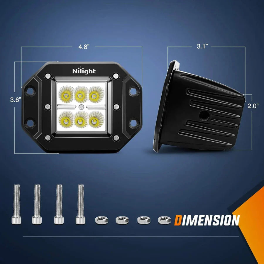 NiLight 4 Inch 18W Square Flush Mount Flood LED Pair with harness