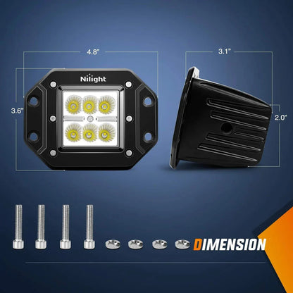 NiLight 4 Inch 18W Square Flush Mount Flood LED Pair with harness