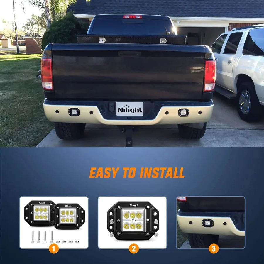 NiLight 4 Inch 18W Square Flush Mount Flood LED Pair with harness